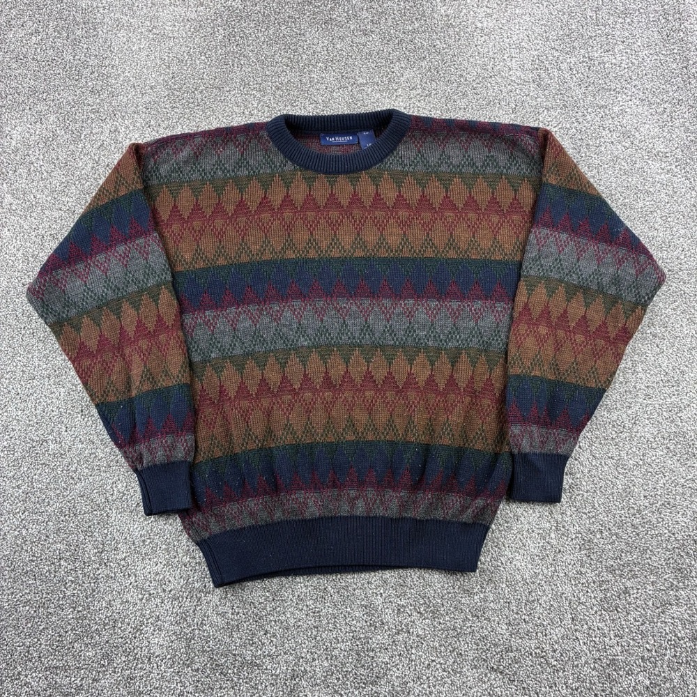 Vintage Van Heusen Sweater Mens Large Multicolor Acrylic Knit Geometric Grandpa